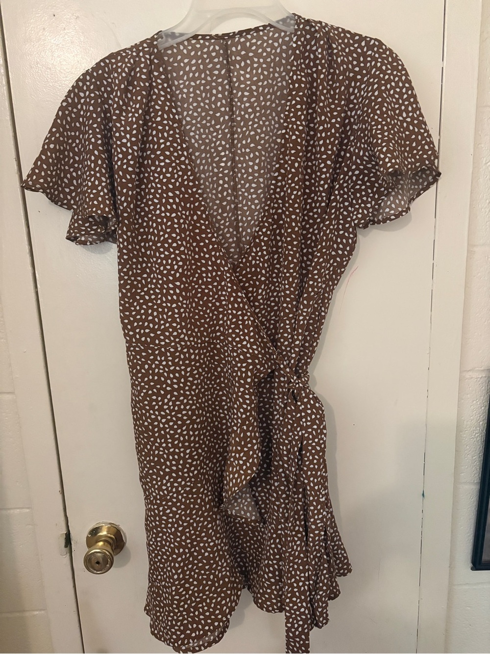 Brown Printed Wrap Dress with Cap Sleeves